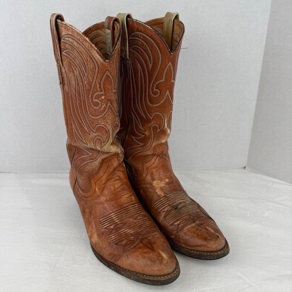 Vintage Nocona Cowboy Boots Tan Leather Western Stitched Distressed Mens
